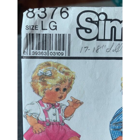Simplicity 8376 Baby Doll Clothes Sewing Pattern LG 13-18" Wardrobe Set 80s - Picture 2 of 4